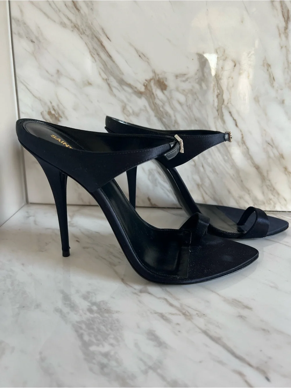 Saint Laurent Raso Régale Navy Satin Crystal Heel Stiletto 39 - Picture 3 of 6